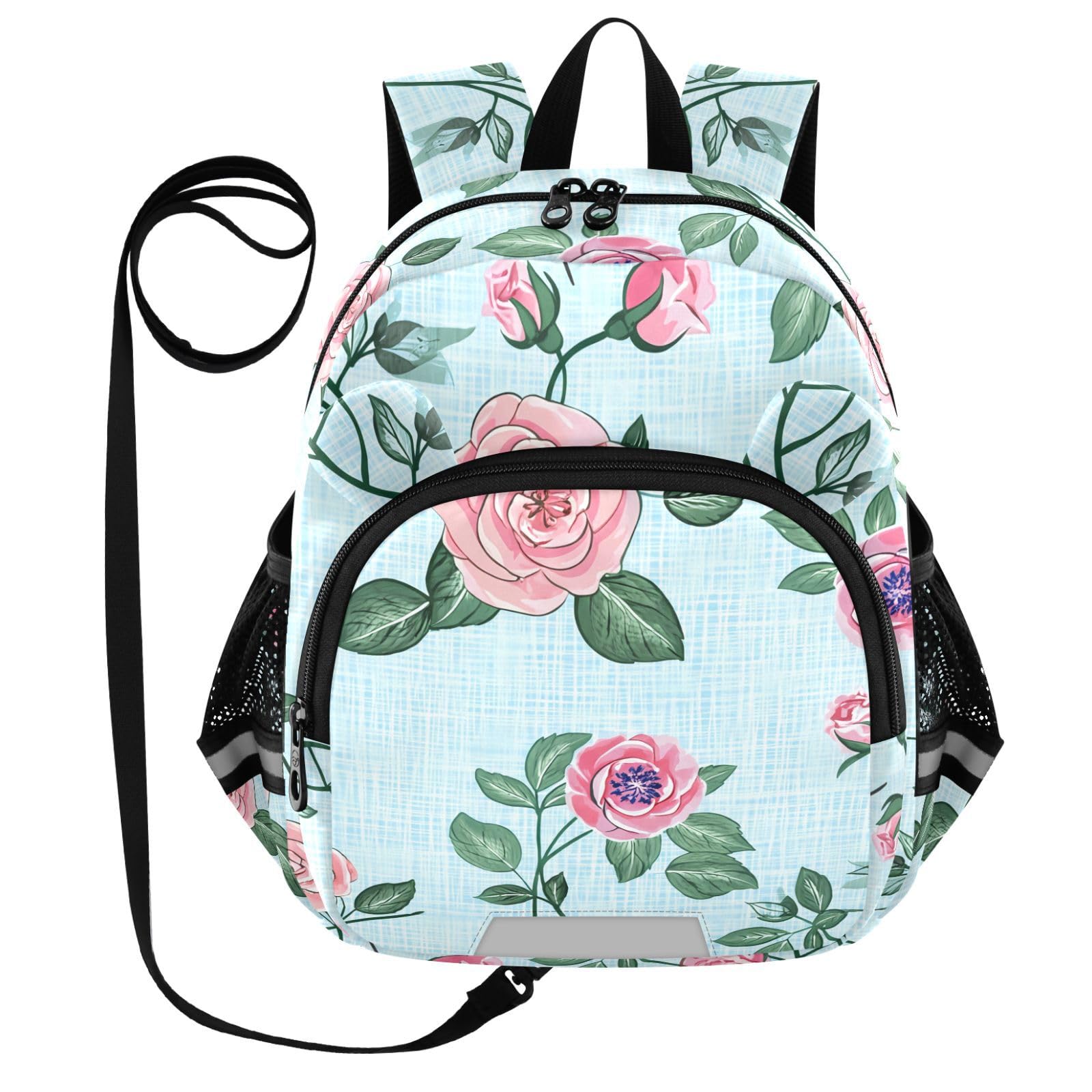 Rose Blossom Foliage Lightblue Toddler Harness Backpack for Boys Girls 3-6 Years Kids Backpack with Anti Lost Safety Leash Baby Harness Bookbag for Walking Preschool Travel