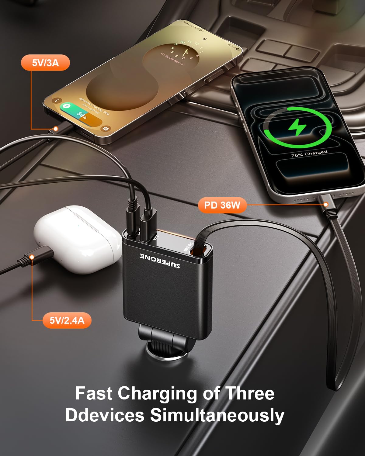 SUPERONE Car Charger USB C Fast Charge,Ultra-Slim Retractable Car Charger for Car Accessories for Women Men,Car Charger Adapter for iPhone 17 16 15 14 13 12,Samsung,iPad,Airpods - 4