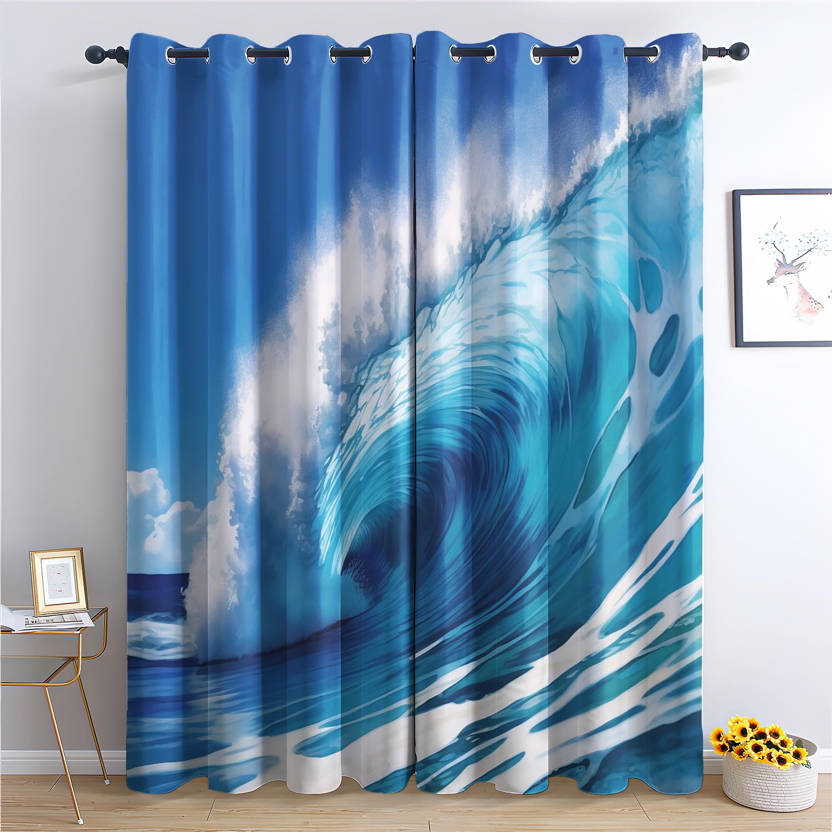 QEODAH Ocean Wave Blackout Curtains for Bedroom - Blue Sea Wave Surf Hawaiian Summer Surfing Living Room Curtains 66x90 Eyelet - Soft Thermal Insulated Patterned Drapes for Windows - 2 Panels