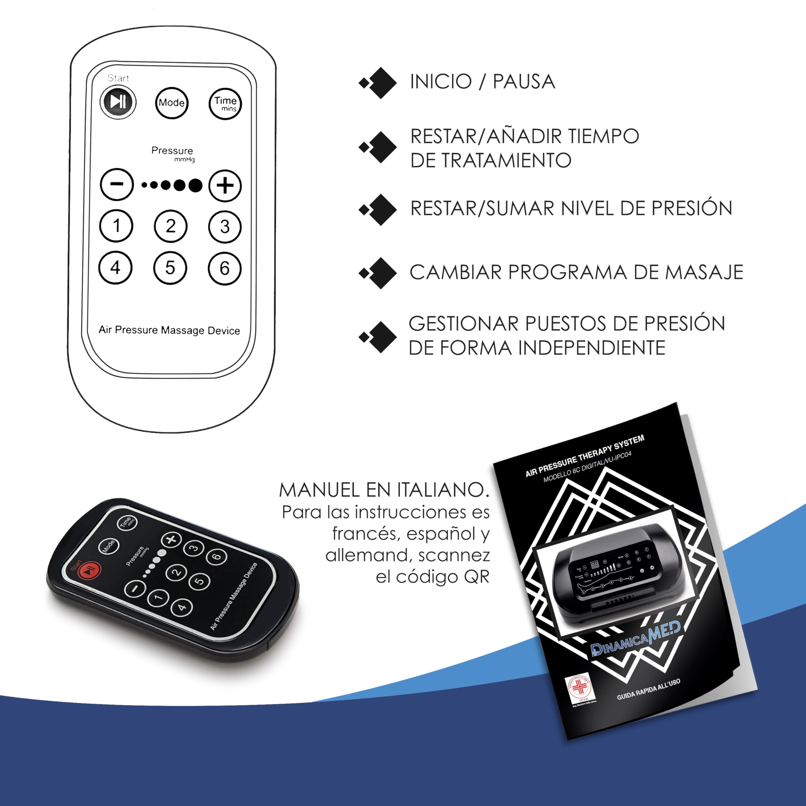 Dinamicamed Presoterapia PRO 6.0 - Máquina de presoterapia para casa con drenaje linfático, 6 cámaras de aire, Piernas XL y Faja abdominal