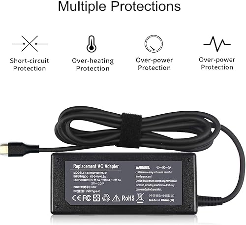 Miniatura 6 de Vinpera - Cargador de CA tipo C de 65 W 45 W para Lenovo Chromebook 100e 300e 500e C330 S330 S340 Yoga C930 C940 720 730S ThinkPad T480 T580 USB-C