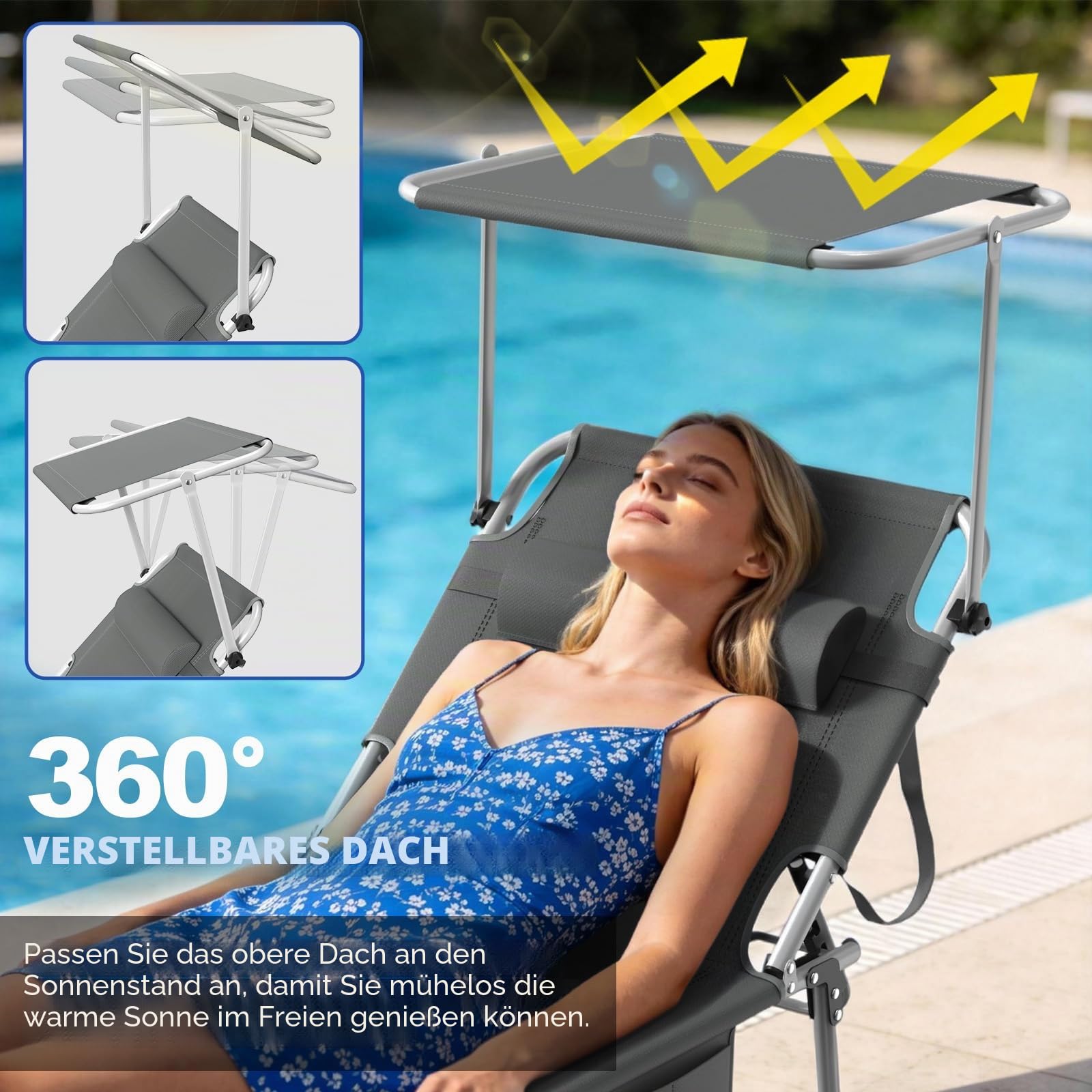 Verdego Große Sonnenliege mit Dach 194x67.5x29cm, Gartenliege Wetterfest mit Kopfkissen, Tragegriffe, Seitentasche, 600D Oxford, Liegestuhl Klappbar Verstellbarer Rückenlehne, Strandliege, Anthrazit