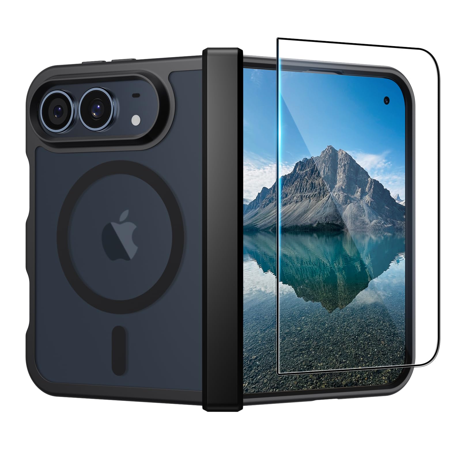 SUPFINE Magnetic for iPhone Duo Case Black with Full Hinge Potection | With Screen Protector, Translucent Matte, Compatible with MagSafe, Military Grade Drop Proof, Rugged Shockproof Protective