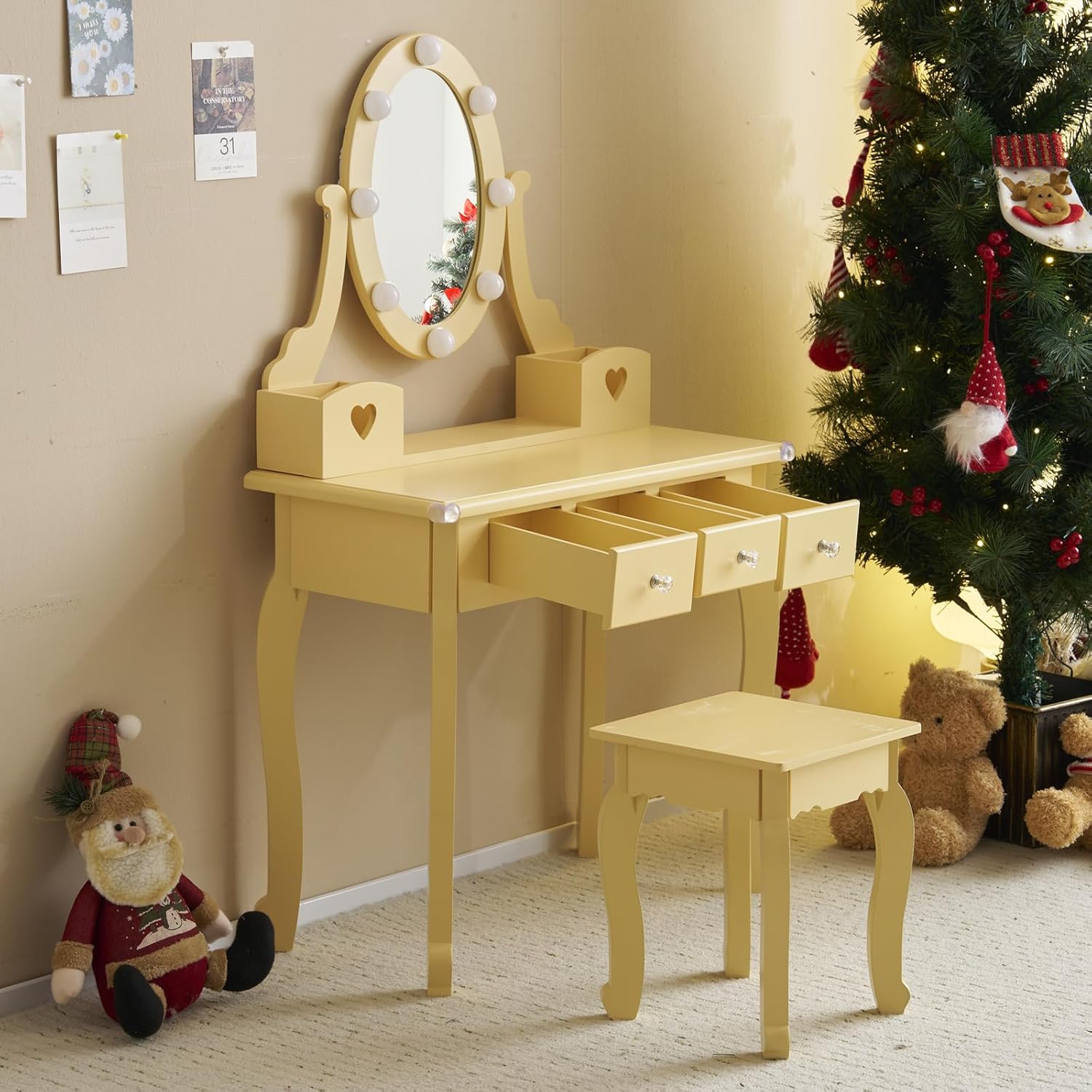 Vanity table with drawers open, showing storage capacity