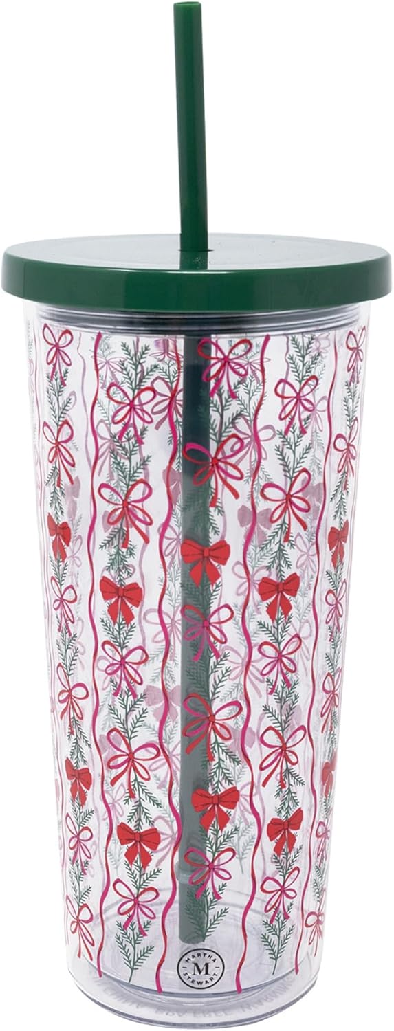 Martha Stewart Double Wall Tumbler with Lid and Reusable Straw, Floral Plastic Cup, Insulated Travel Cup Holds 24 Ounces (Holiday Bow Stripe)