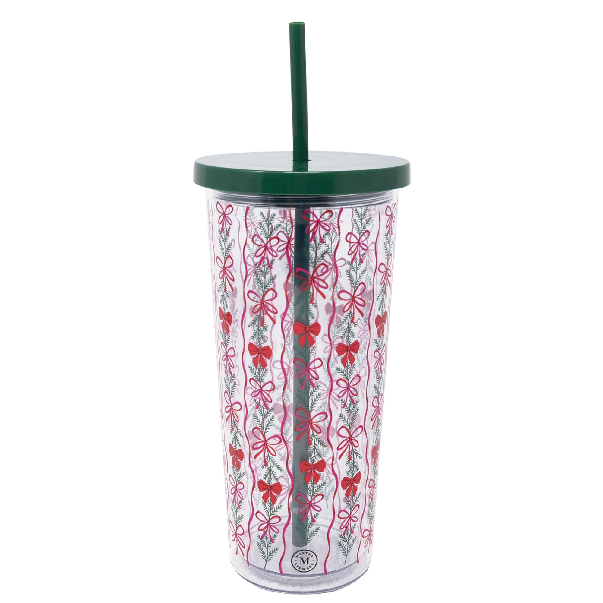 Martha Stewart Double Wall Tumbler with Lid and Reusable Straw, Floral Plastic Cup, Insulated Travel Cup Holds 24 Ounces (Holiday Bow Stripe)