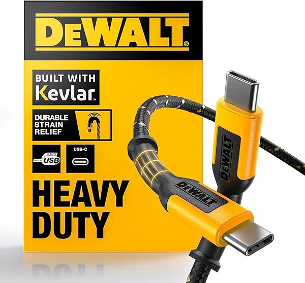 DEWALT Heavy Duty USB C Cable, Jobsite 60 Watt USB C Cable, High Speed Type-C to Type-C, Fast Charge PD USBC Fast Charging Cord for iPhone 16/15 Plus Pro Max, MacBook, iPad, Samsung Galaxy, 10 ft