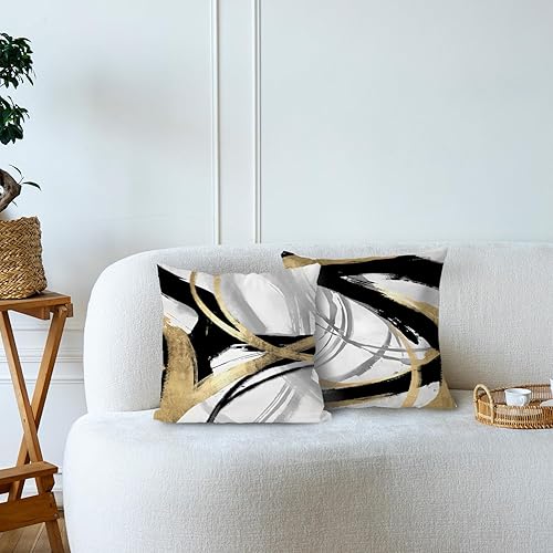 Miniatura 3 de Juego de 2 fundas de almohada abstractas negras y doradas de 22 x 22 pulgadas, decoración moderna y bohemia para el hogar, almohadas negras y
