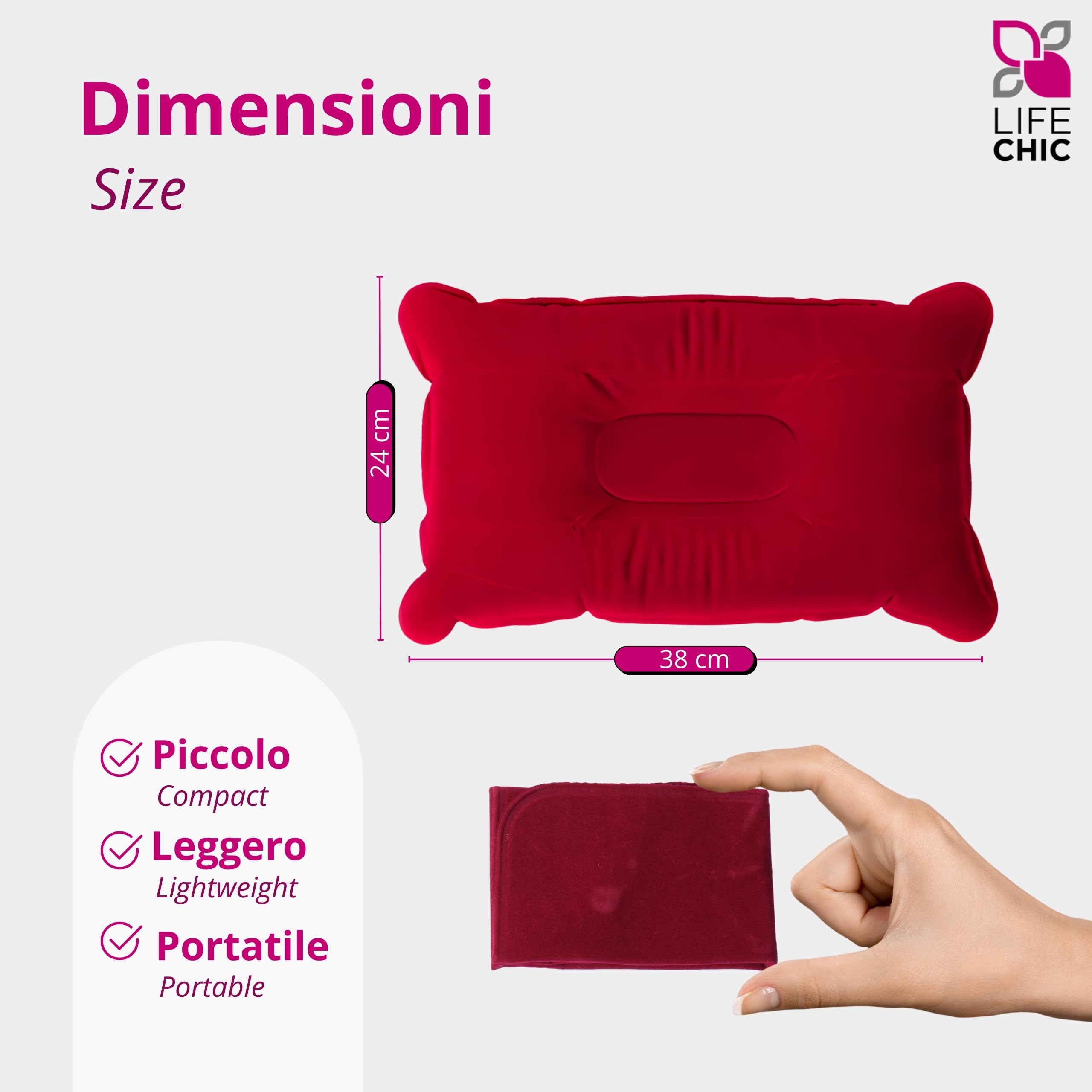 Cuscino da Viaggio Gonfiabile 38x24cm Bordeaux – Comfort e Sostegno per Collo, Perfetto per Viaggi e Relax, Aereo, Auto, Treno e Ufficio, Facile da Gonfiare