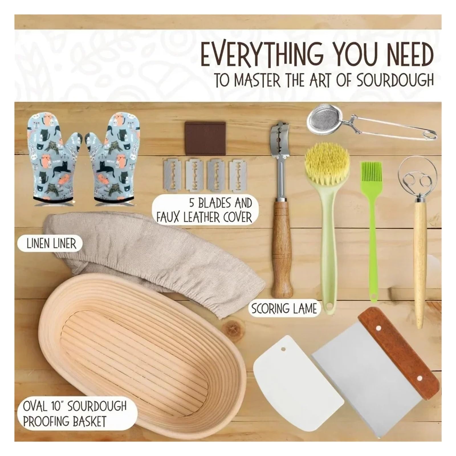 Gärkörbchen-Set for Anfänger, 25,4 cm, ovale Körbe, Gärkörbe, Handschuhe, Teigmischer for Brotliebhaber(14pcs)