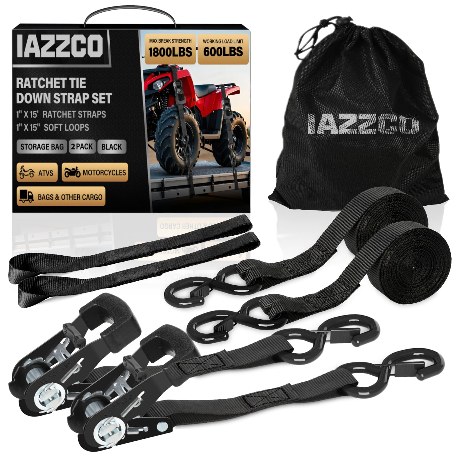 Ratchet Straps - Heavy Duty Tie Downs Straps - 1 Inch x 15 Feet 2 Pack - Safety S Hooks &amp; Soft Loops, 1800LBS Break Strength for Men, Trucks Cargo Moving appliances Motorcycle ATV
