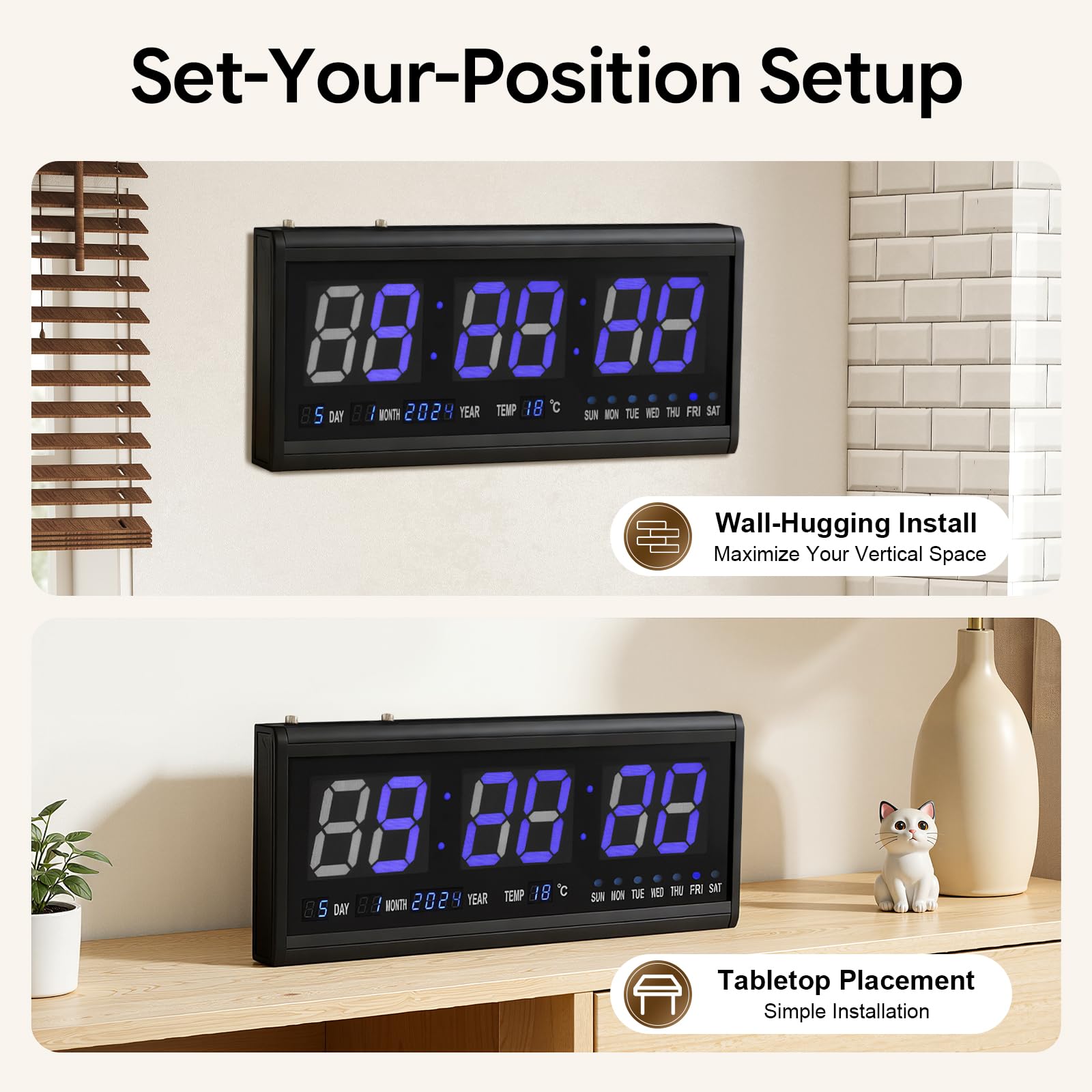 Horloge murale numérique à LED - 48 cm - Noir et bleu - Affichage de