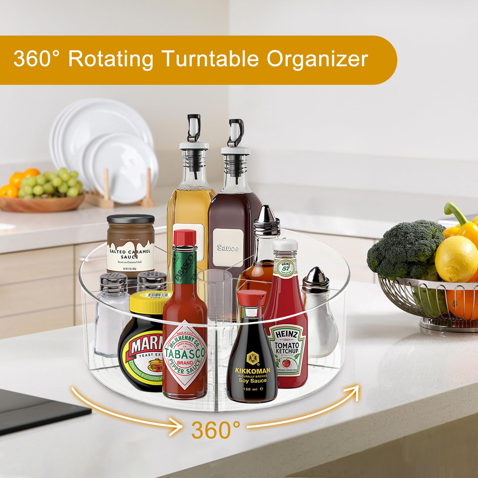 Lazy Susan - Organizador giratorio grande con 5 divisores, para cocina, baño, gabinete, despensa, nevera, encimera, tocador, contenedor giratorio de almacenamiento de alimentos para especias,