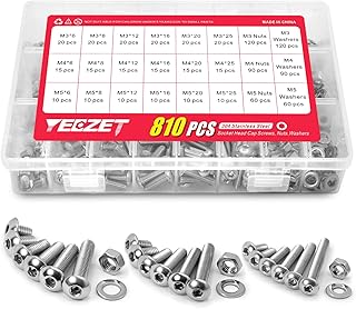 YEEZET 810 Pcs M3 M4 M5 304 Stainless Steel Screws Bolts and Nuts, Button Head Socket Cap Screws and Nuts Washers Assortment Kit, Allen Socket Drive, with Storage Box