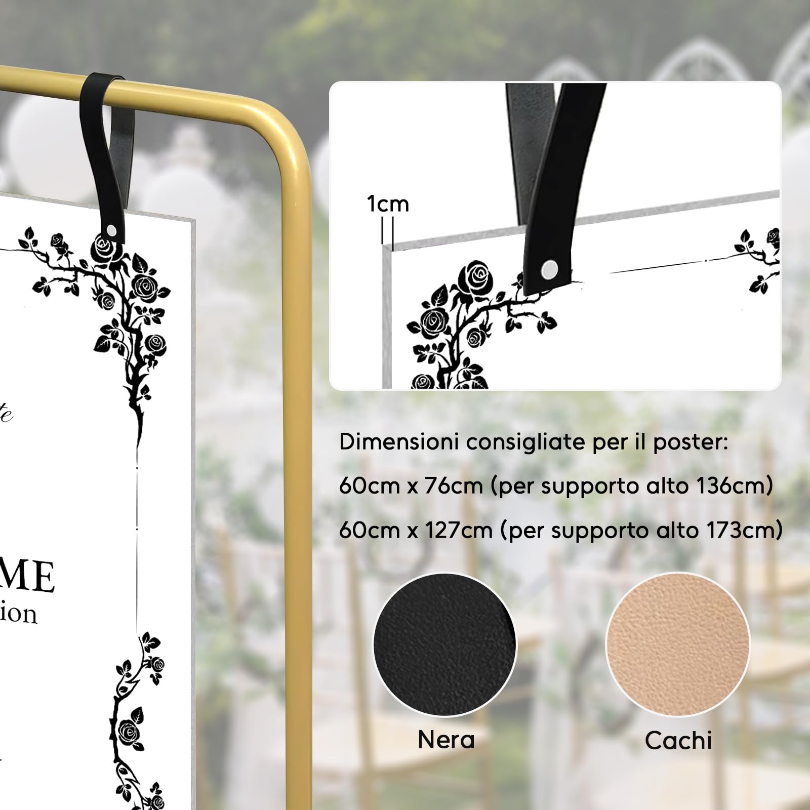 Supporto per cartelli nuziali, 173 x 80 x 50 cm Supporto per poster di matrimonio regolabile, con 4 cinghie in pelle, adatto per tabelle dei posti, ricevimenti, poster e decorazioni (Oro)