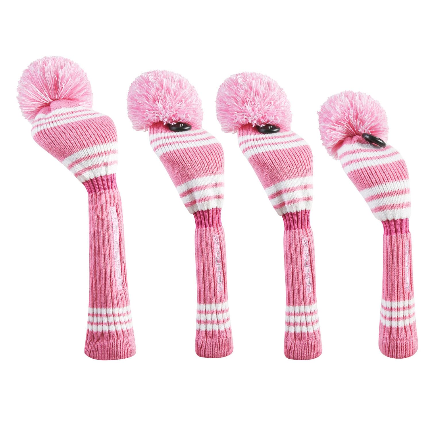 Golf Club Headcover | Tour Fit Double Layer Pom Pom Premium Knitted Golf Head Cover | Driver, Fairway, Rescue | Set of 3 or 4 | Pink/White for Ladies Clubs (Set of 4 Covers)