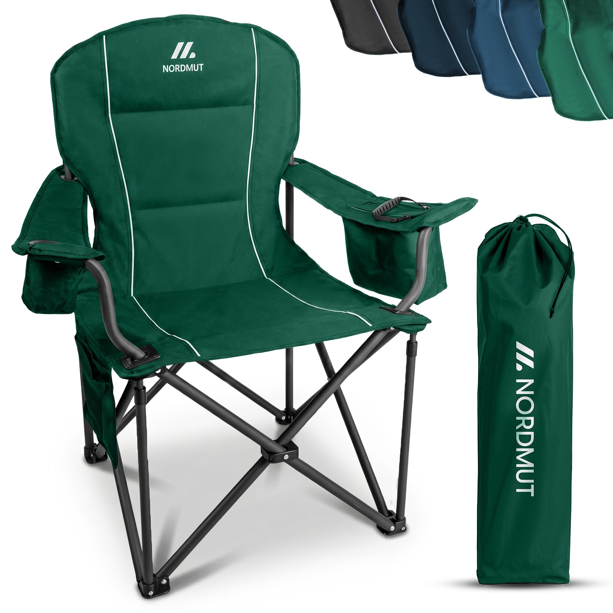 NORDMUT® Sedia da campeggio pieghevole leggera – stabile con portata 200 kg – Comoda sedia da pesca con pratica borsa frigo e portabicchieri (Verde 1x)