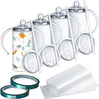Potchen 4 Sets 12 oz Sublimation Blanks Sippy Cup Kids Sublimation Tumblers with Handles Insulated Stainless Steel Sippy Cup with Lids and Straws, 2 Heat Tape, 4 Sublimation Coating for Water Milk