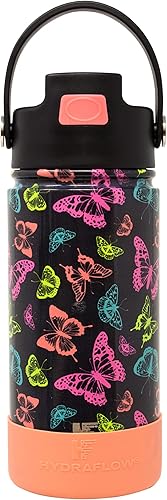 Hydraflow Botella de agua híbrida para niños con tapa abatible con popote y bota, botella de agua aislada al vacío de triple pared (14 onzas, azul