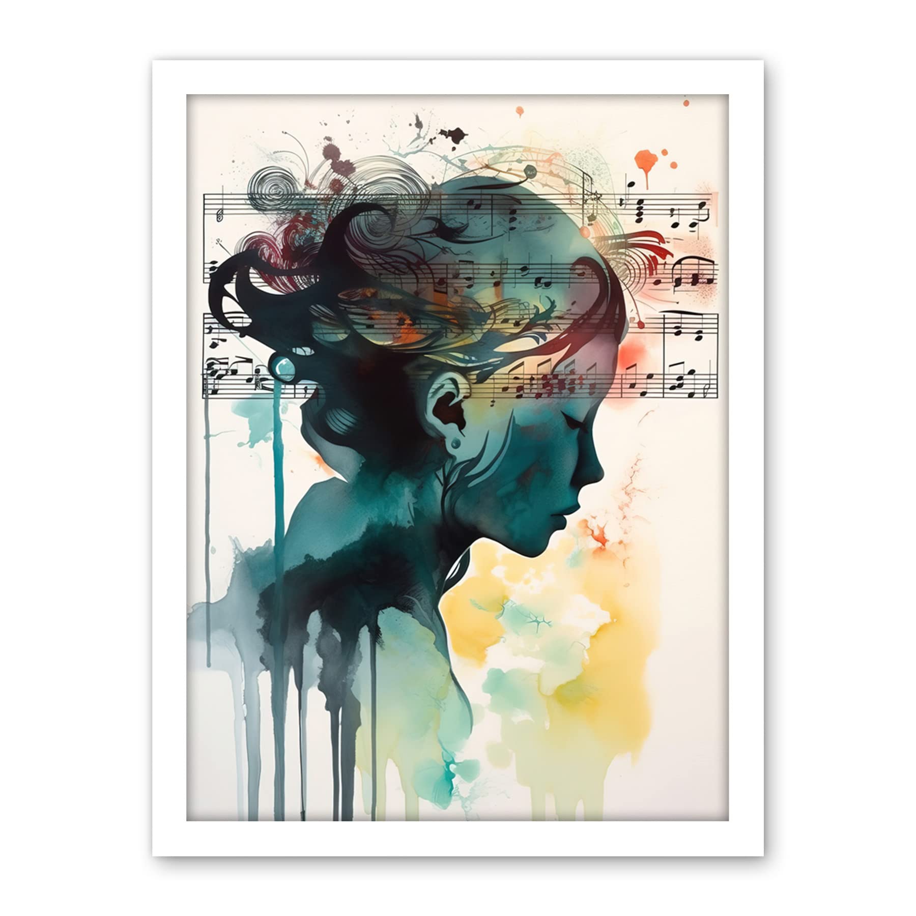Artery8 Music on my Mind Singing in my Head Modern Portrait Watercolour Illustration Artwork Framed Wall Art Print 18X24 Inch
