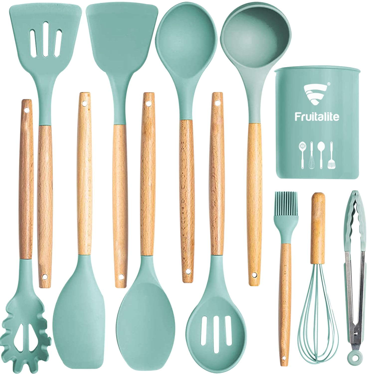 Fruitalite Silicone Kitchen Utensils Spoon Spatula Cooking Set of 12 Pcs | Non-Stick with Wooden Handle- BPA Free, Heat Resistant, Flexible Non Toxic Silicon Cookware Tools with Holder- Mint Green