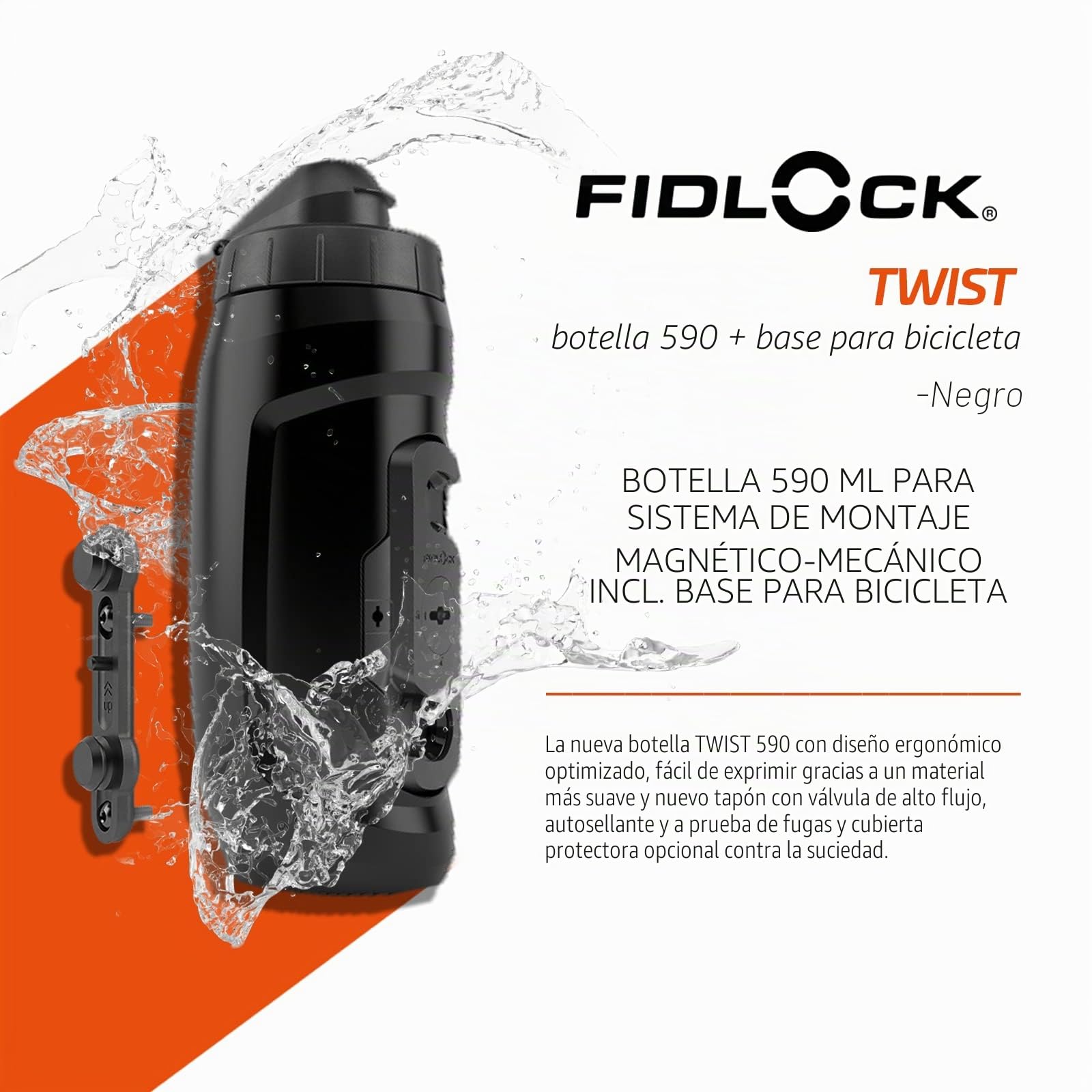 FIDLOCK Twist Bottle 590 y Juego de Base de Bicicleta, Tapa de Botella autosellante a Prueba de Fugas, Soporte para Botella de Agua sin Tornillos y Botella adjunta, Estante magnético sin Jaula, Color