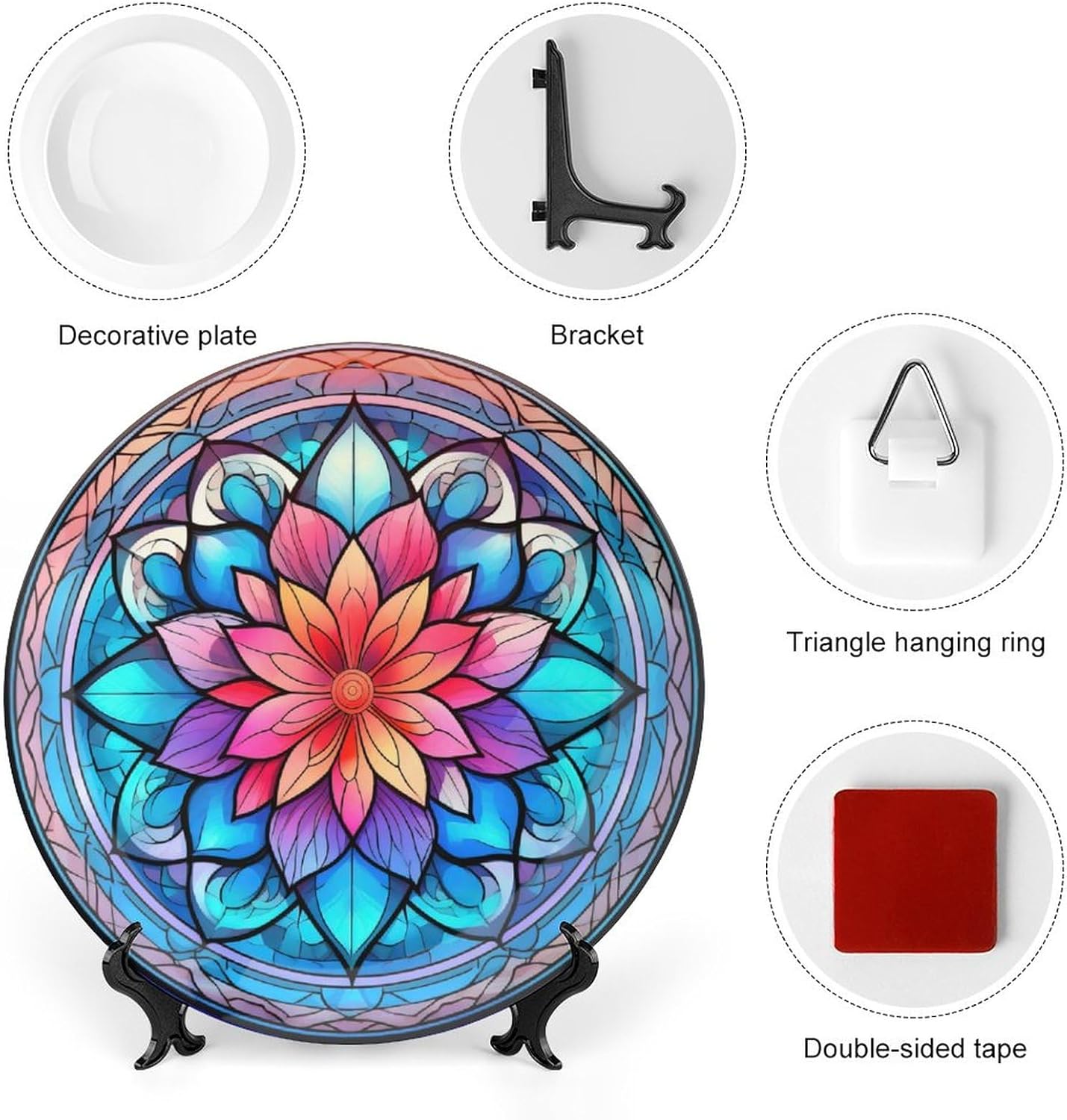 Decorative Plates for Wall Hanging, Mandala Flower Glass Painting Ceramic Plate w/Display Stand, Home Decor for Kitchen Cabinets, Farmhouse Round Tray 10 Inch, Gift for Family Friends