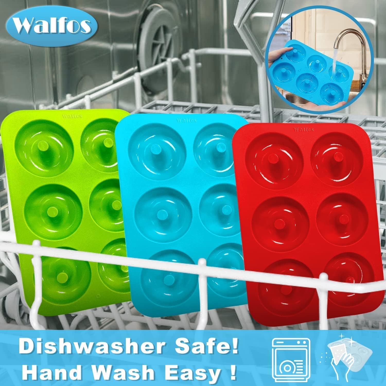 Walfos Antihaftbeschichtete Donutform zum Backen, Silikon-Donut-Form, BPA-frei, perfekte Donut-Kuchen, Kekse, Bagels, spülmaschinenfest, 3er-Set