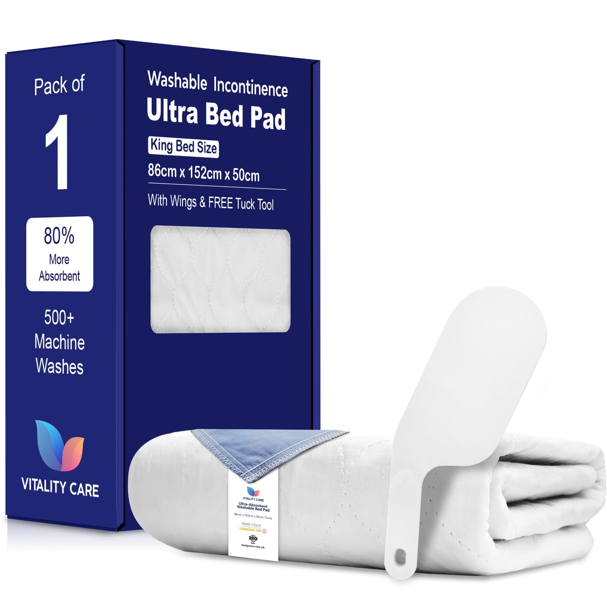 Vitality Care (1X King Bed 86X152cm) Washable Incontinence Bed Pads With Tucks For Adults & Kids - 100% Waterproof Reusable Mattress Protector Underpads