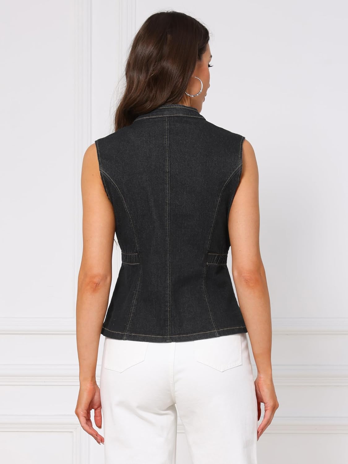 Women's Denim Vest Button Down V Neck Elastic Waist Waistcoat Sleeveless Jean Jacket - Image 4