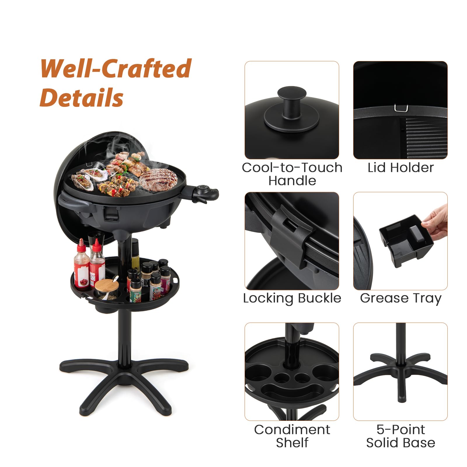 KOMFOTTEU Barbecue Électrique avec 2 Zones de Cuisson, Gril Électrique 1200 W, Avec Porte-épices & Thermomètre, Plancha Électrique, Contrôle de la Température, Intérieur & Extérieur
