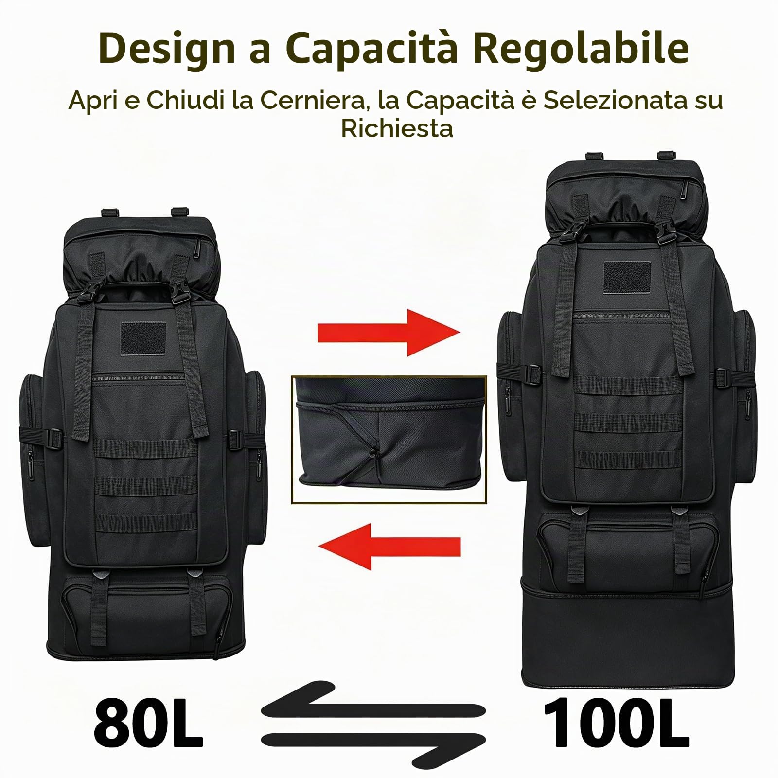 80L Zaino da campeggio da escursionismo Zaino da viaggio MOLLE, Zaini tattici militari, Zaino da esterno di grande capacità impermeabile regolabile addensato