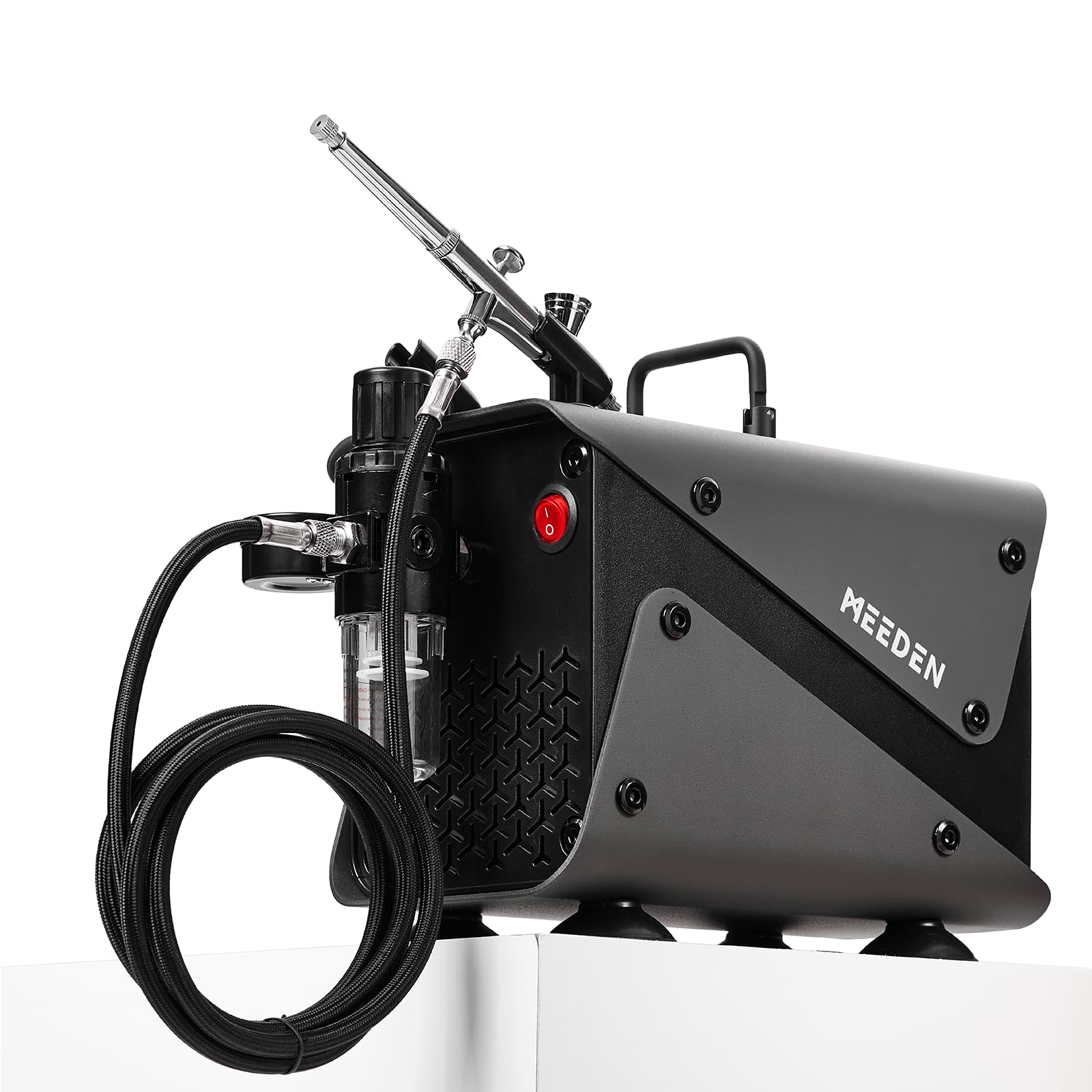 MEEDEN Compresor de aerógrafo para pintura de modelo: compresor de aire sin aceite de 1/5 HP con filtro regulador y soportes dobles para cepillo de aire, máquina de aerógrafo silenciosa con pistola de