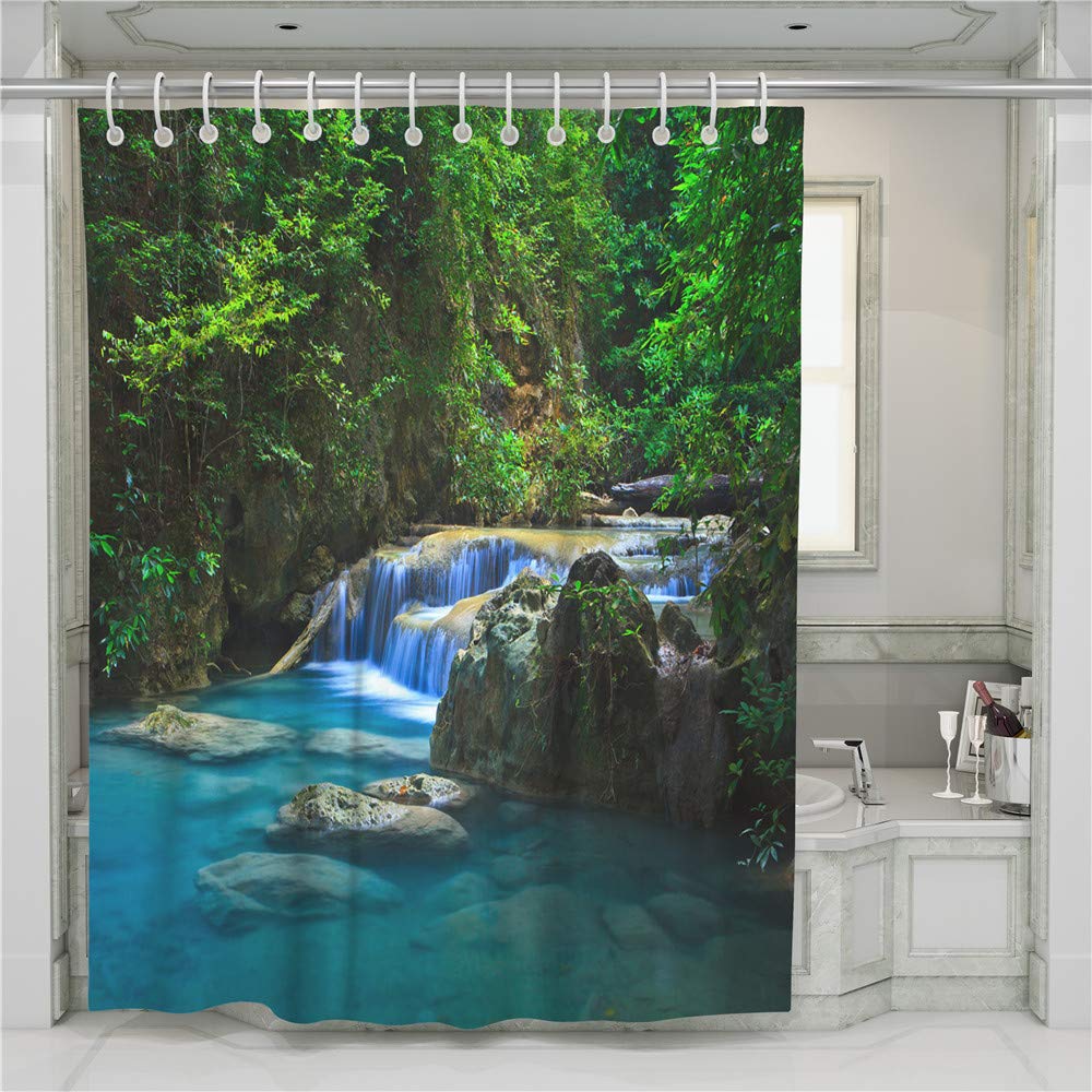 Chickwin Shower Curtain for Bathroom with 12 Hooks, 3D Digital Creative Green Nature Forest Printing Pattern Washable Waterproof Polyester Fabric Decor Bath Curtain (90x180cm,River)