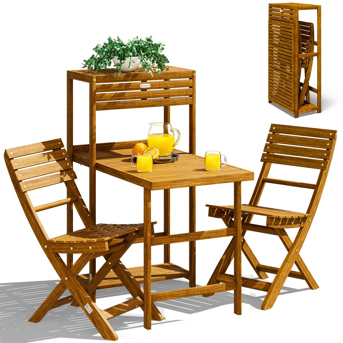 Casaria® Balkon Set 2 Personen Wetterfest Klappbar Holz FSC®-Zertifiziert 160kg Belastbarkeit 94x61x117cm Garten Balkon Terrasse 3-teilig Balkonmöbel