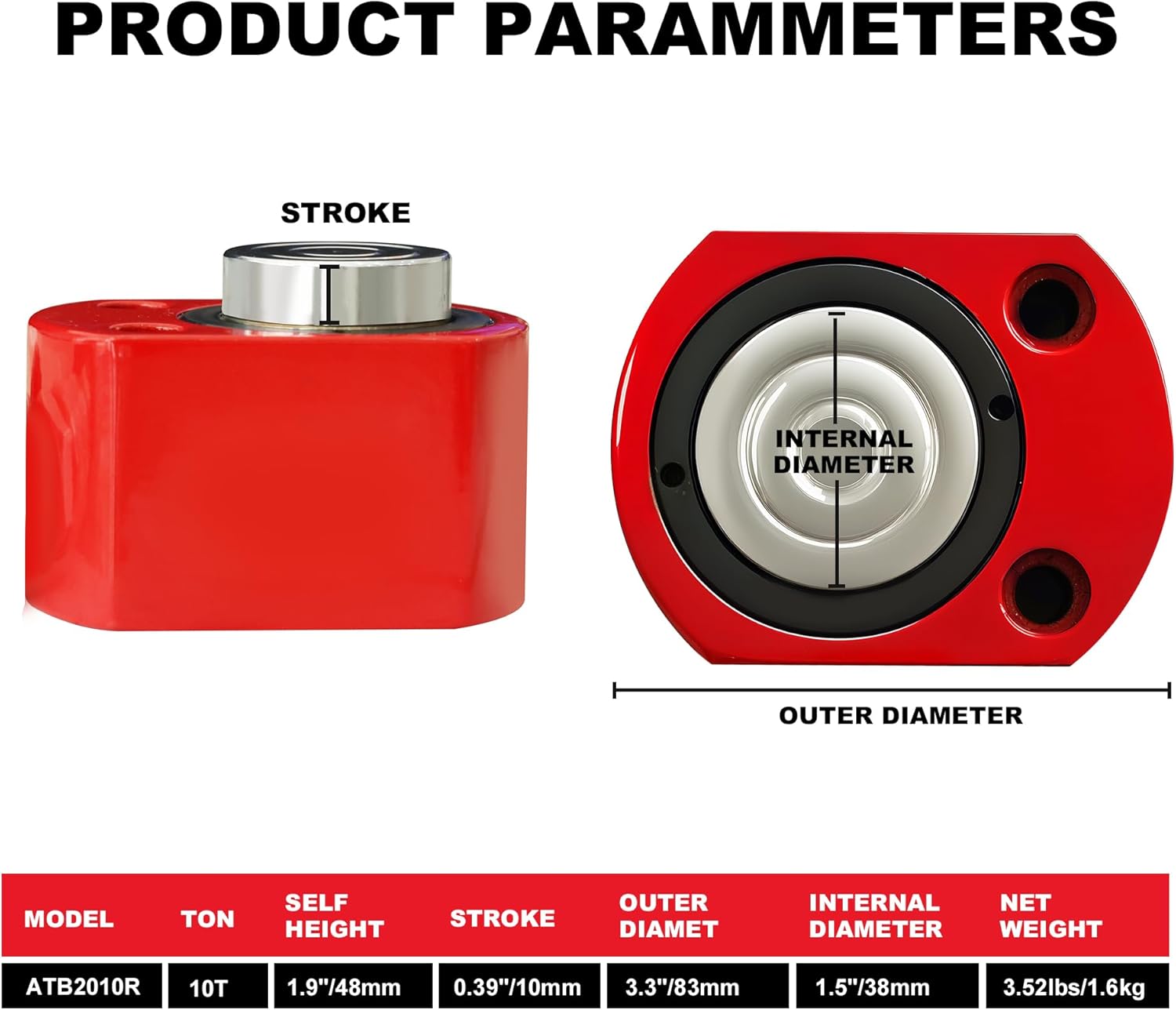 BIG RED ATRB2010R Torin Power Hydraulic Ram Cylinder Jack: Single-Acting Mini Jack, 0.39" Stroke for Shipbuilding, Bridge, Construction, Precision Machinery, Small Spaces - 10 Ton (20,000 lb) Capacity