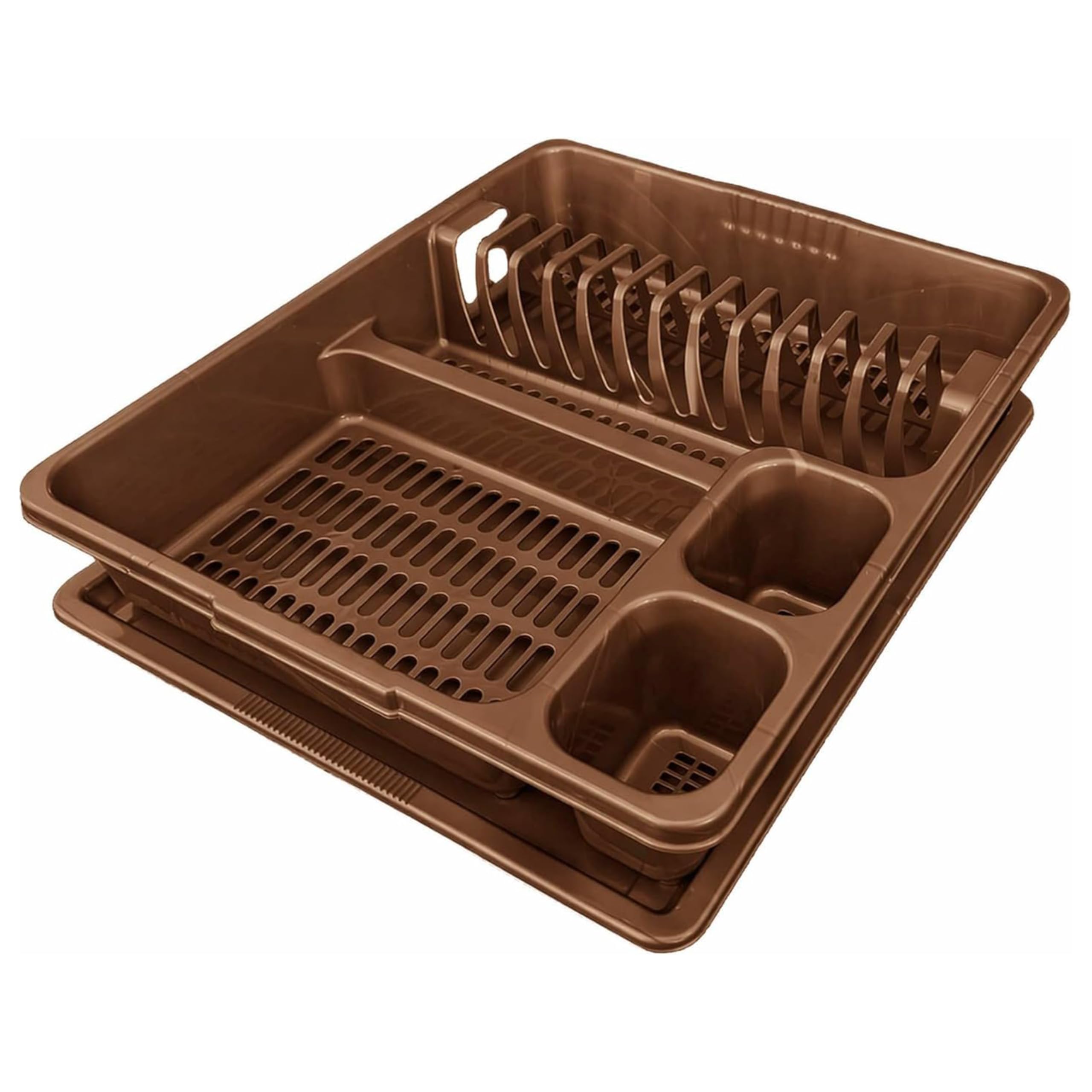 STL Plastic Dish Rack with Drip Tray - 13 Plate Capacity - 5 Color Options - Food-Grade BPA-Free - Kitchen Organizer (Brown)