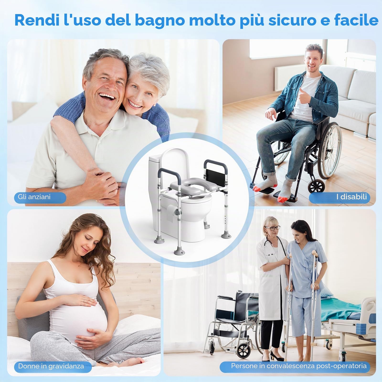 Alzatore per WC con Braccioli, Alzatore per Sedile del WC per Anziani con Altezza e Larghezza Regolabili, Sedile Rialzato per Anziani, Disabili, con Seduta Imbottita, Si Adatta a Qualsiasi WC