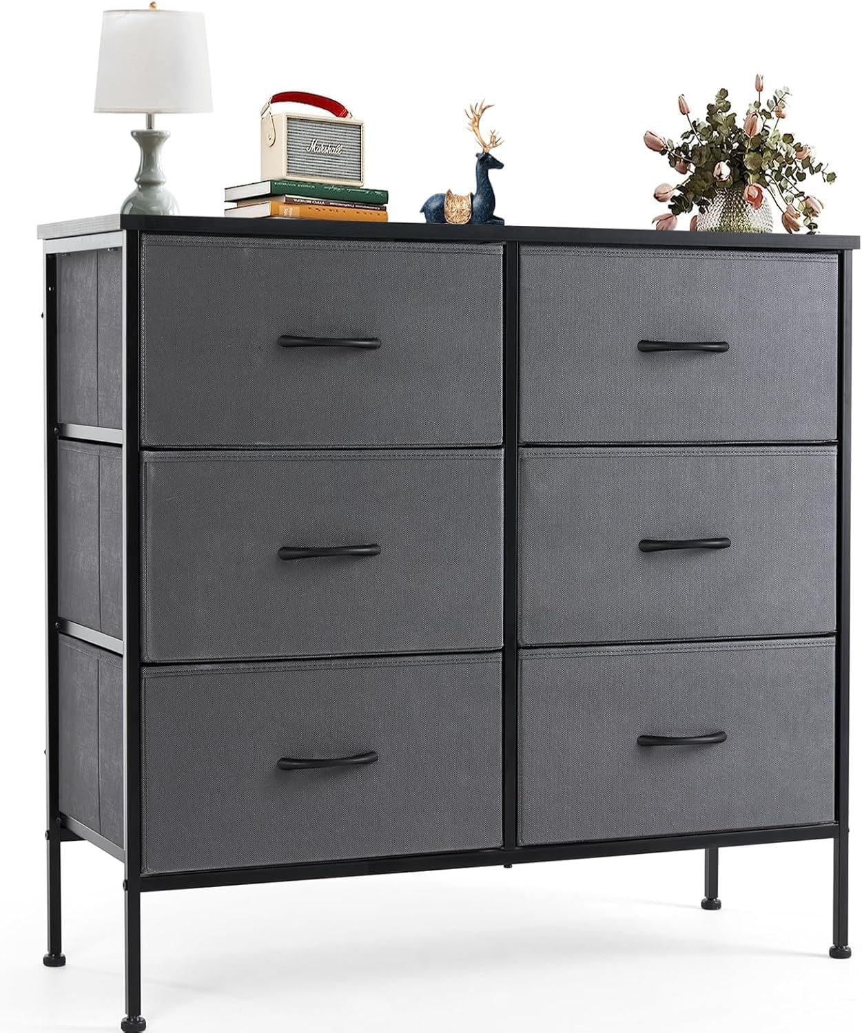 Dresser for Bedroom, 6 Storage Drawers, Anti-Tip Wide Fabric Closet Chests Organizer Tower Furniture with Wooden Top Metal Frame for Clothes, Living Room, Hallway, Entryway