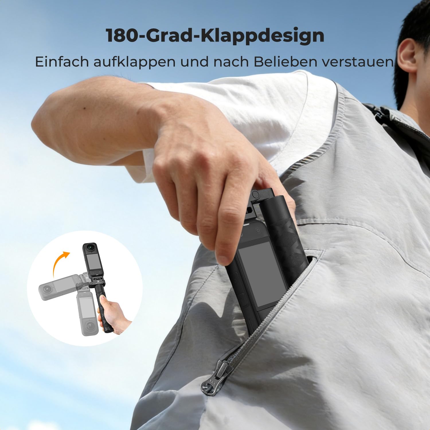 K&F CONCEPT Klappbarer Selfie-Stick für Insta360 X5, 92,5 cm Verlängerungsstange aus Aluminiumlegierung, Unsichtbarer Stab mit 1/4"-Schraub für Insta360 X4 Air/X4/X3, Luna Ultra, DJI Osmo 360
