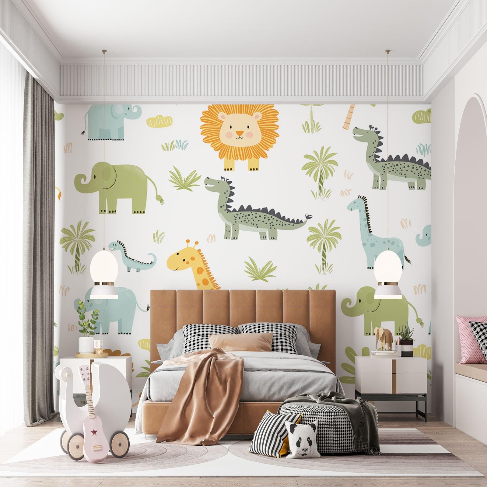 Kreskówka zwierzę lew słoń mural ścienny, kreskówka dinozaury wzór fototapeta, nowoczesna włóknina mural plakat tapeta do salonu lub sypialni dziecięcej, 300 x 210 cm (szer. x wys.)