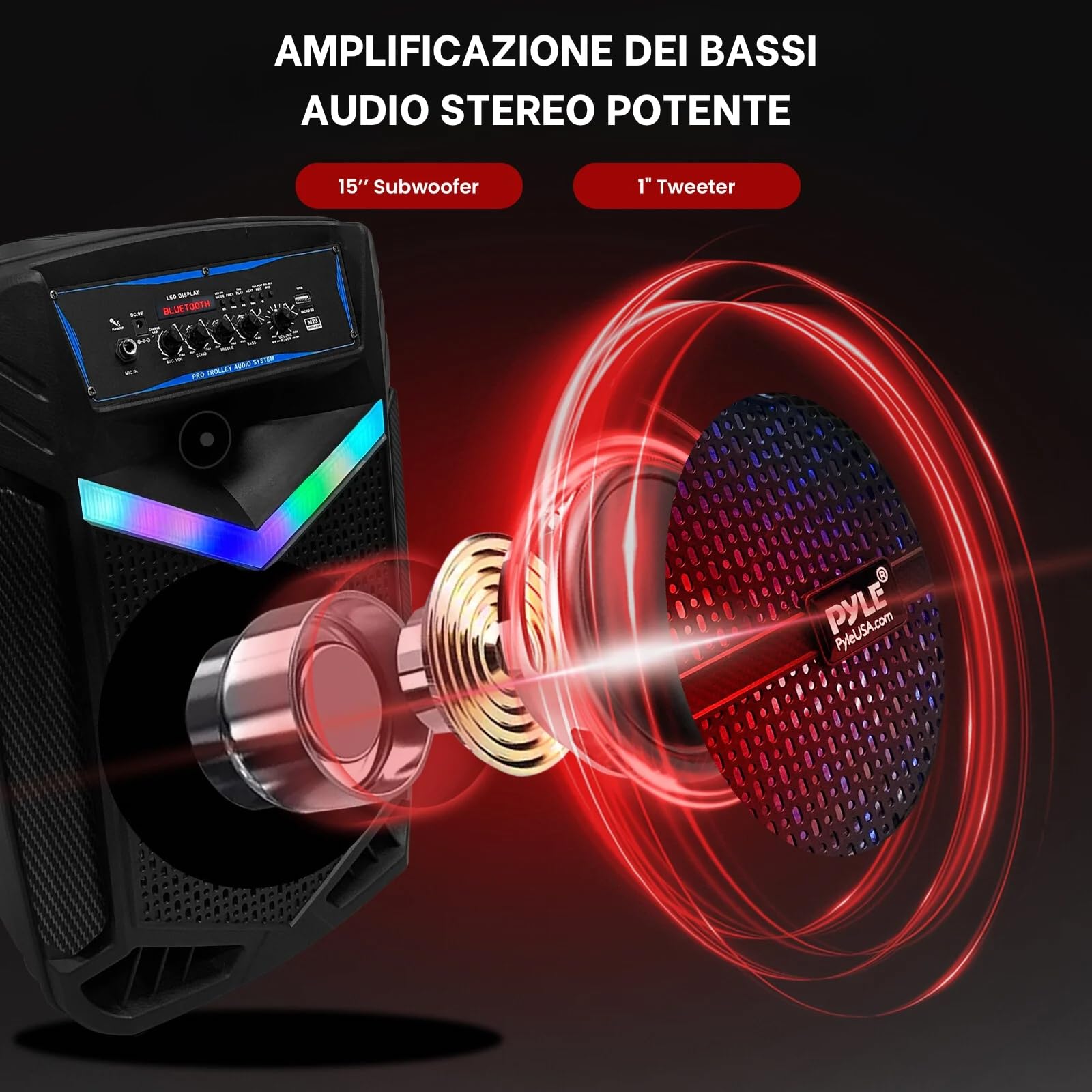 Pyle Speaker Bluetooth Portatile da 1200 Watt con Subwoofer da 38,1 cm e Tweeter da 2,54 cm, Funzione di Registrazione, Ingresso Microfono, Luci da Festa, USB/SD, Radio