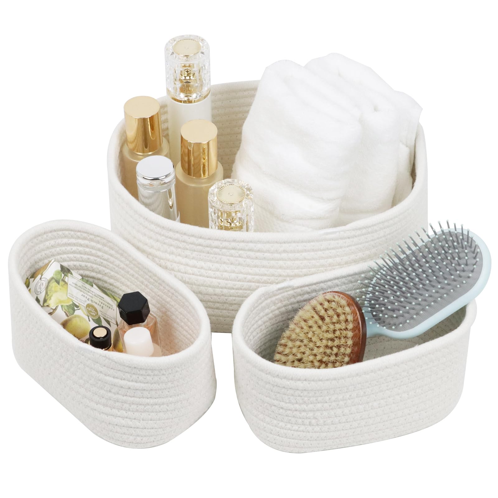 Small Cotton Rope Baskets - Set of 3 Woven Storage Baskets for Bathroom