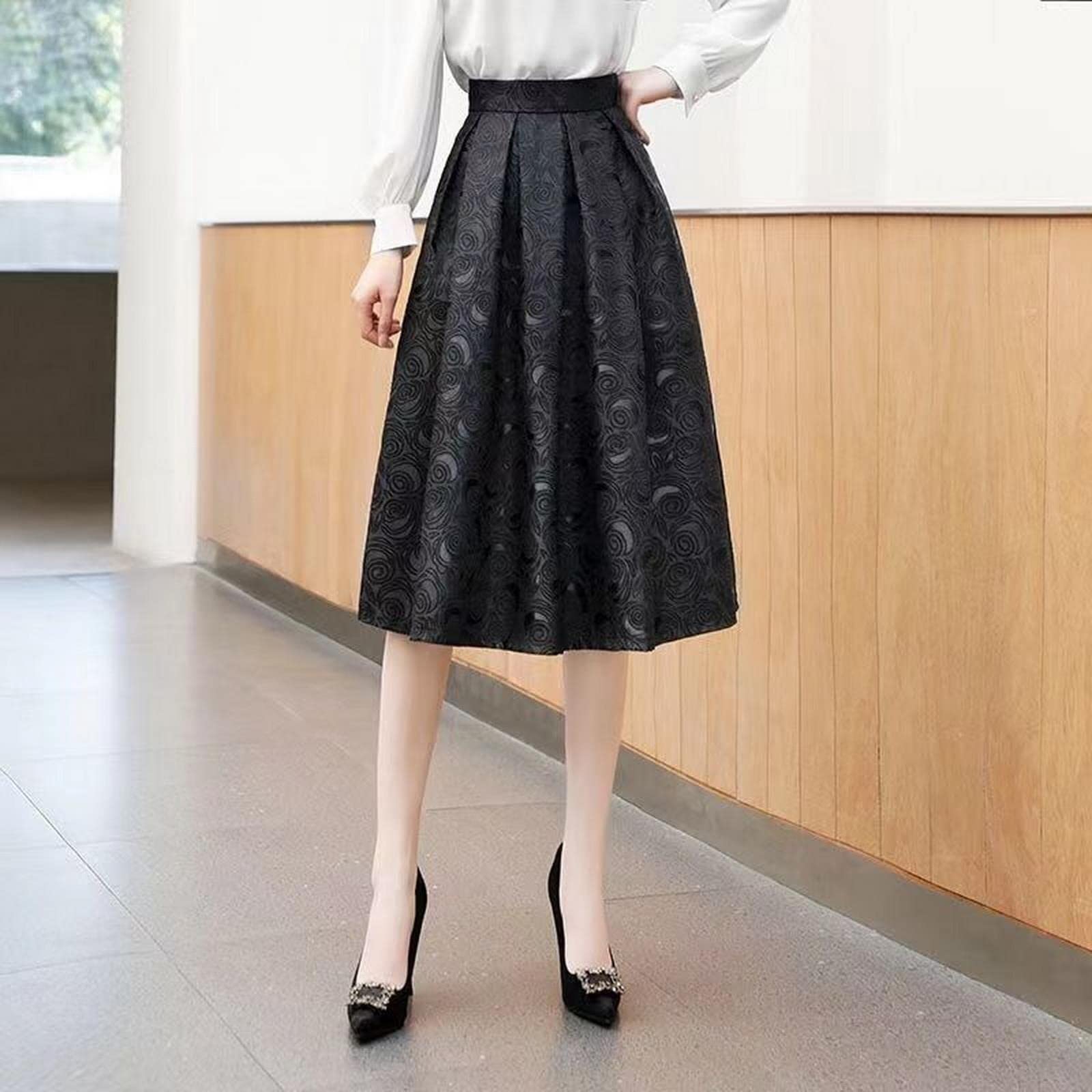 Falda larga para mujer, primavera, verano, floral, jacquard, cintura alta, midi larga, falda acampanada, faldas grandes con vuelo