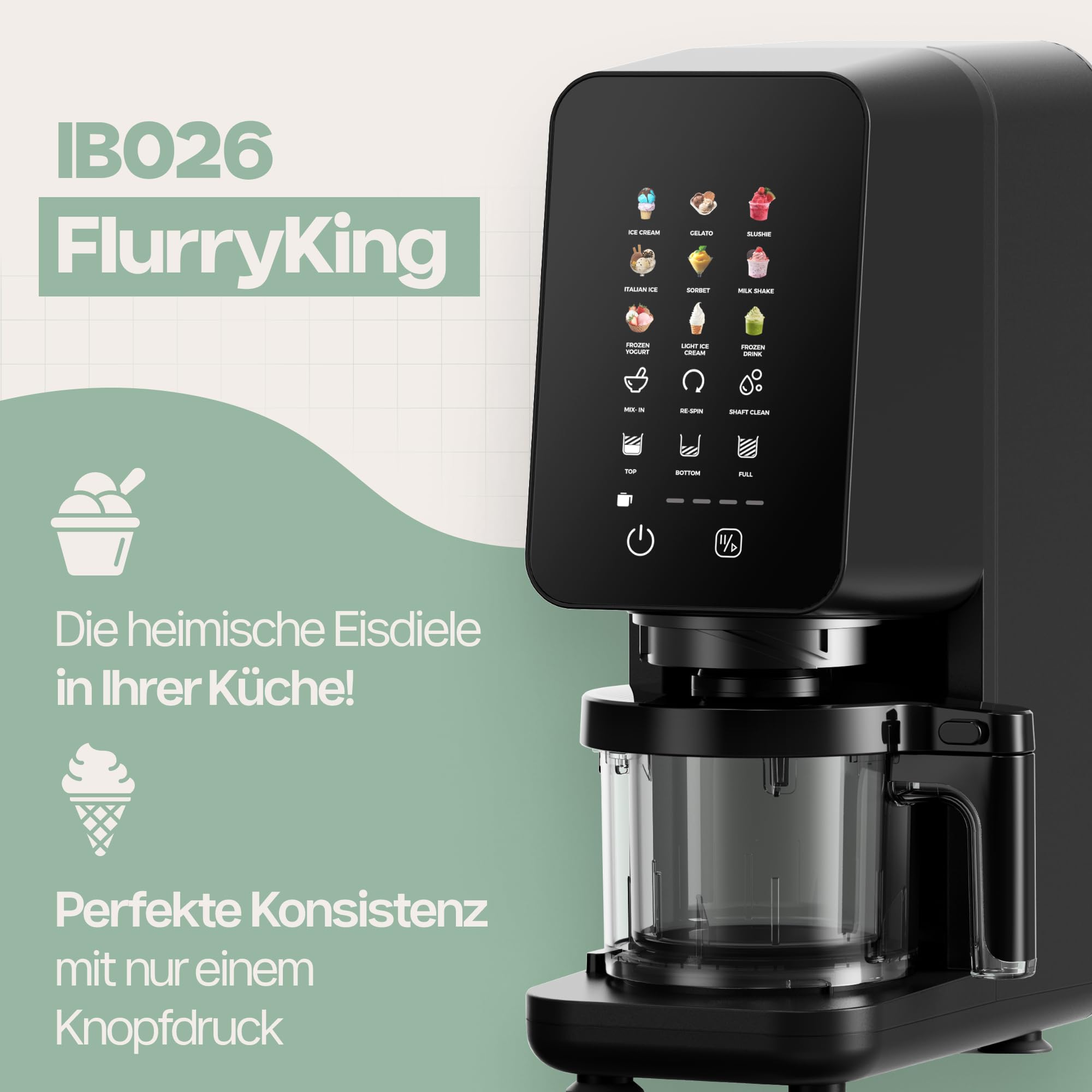 4Swiss Eismaschine Softeismaschine Ice Cream Maker Speiseeismaschine Eismaker für Slush Frozen Yogurt Gelato Sorbet Milchshake Maschine Eisbereiter Slushie One-Touch MIX-IN Keto Schwarz - IB026