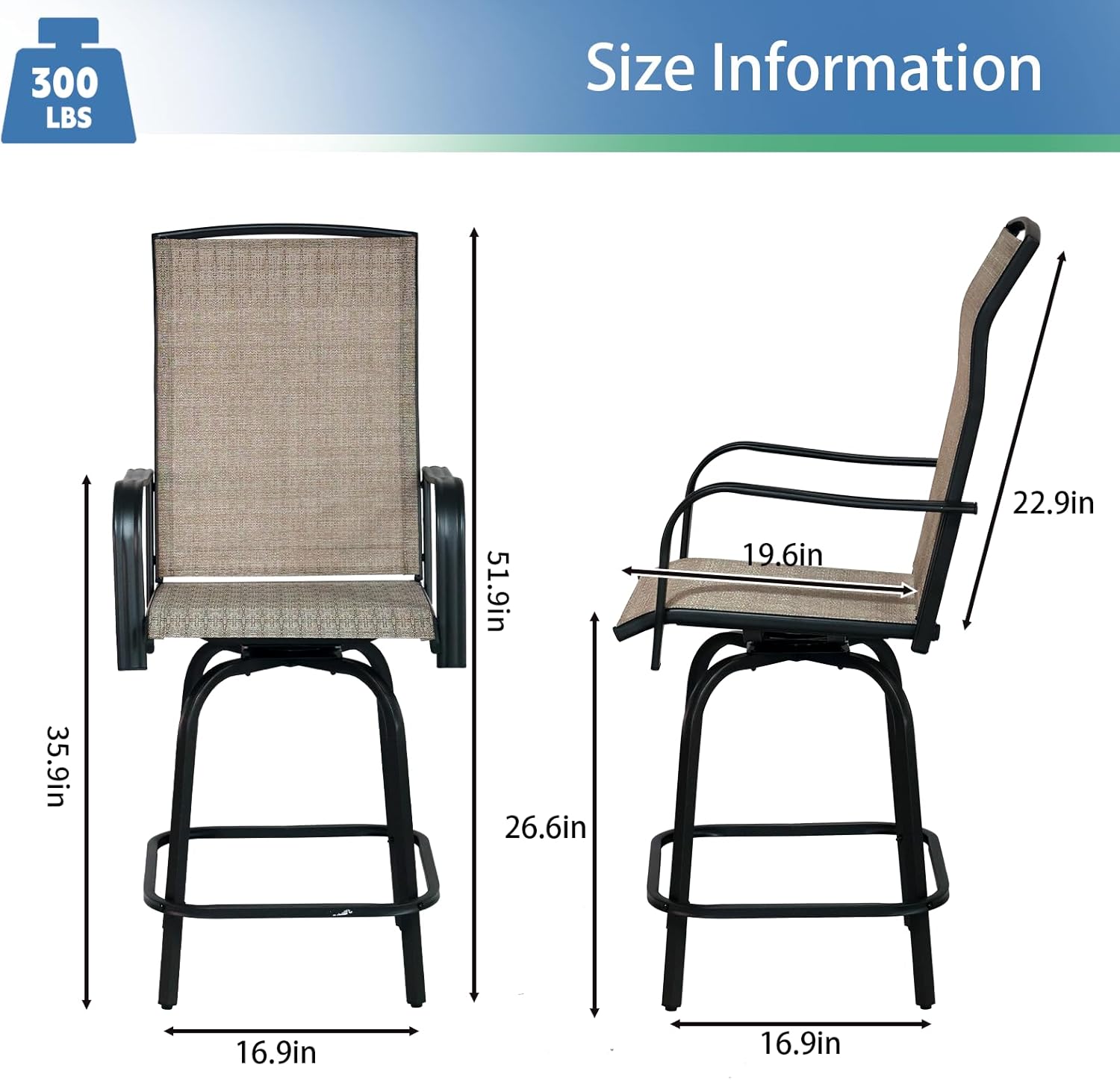 YLGJ&TIDY Outdoor Swivel Bar Stools Set of 2 Bar Height High Back Patio Chairs with All-Weather Metal Textile Fabric Tall Patio Stools Bistro Set for Backyard Lawn Garden Balcony Gen 2 Brown