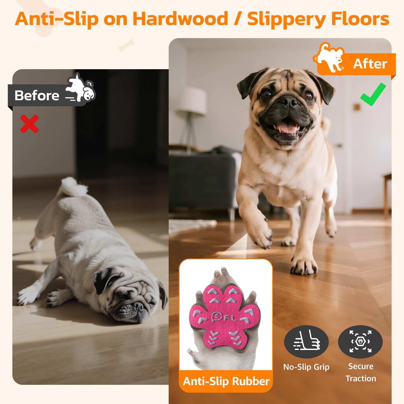 Cuscinetti antiscivolo per zampe di cane anziani, adesivi rosa con forte trazione su pavimenti in legno, Dog Essentials M (5-9 kg)