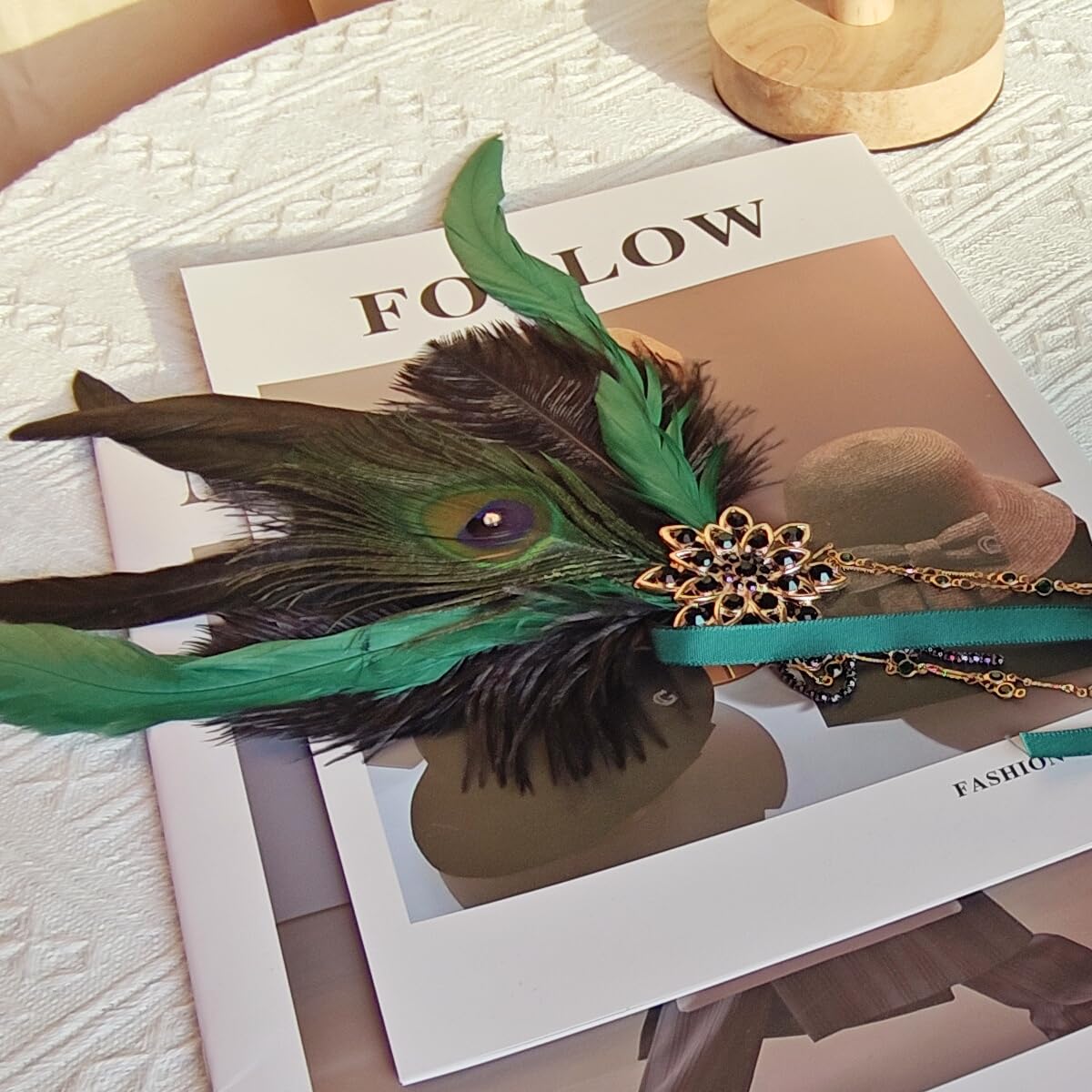 howkuhat Fascinators for Women 1920s Headband Great Gatsby Accessories Women Fascinator Flapper Headband Rhinestones Headpiece Vintage arty Gatsby Headpiece (Green+Black Feather - Image 2