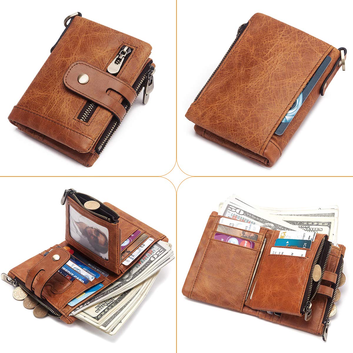 REETEE Portefeuille Homme en Cuir Blocage RFID Porte Monnaie Homme 16 Fentes pour Cartes Fermeture Eclair Poche à Monnaie avec Chaine Porte-Monnaie Classique (Marron Clair) …