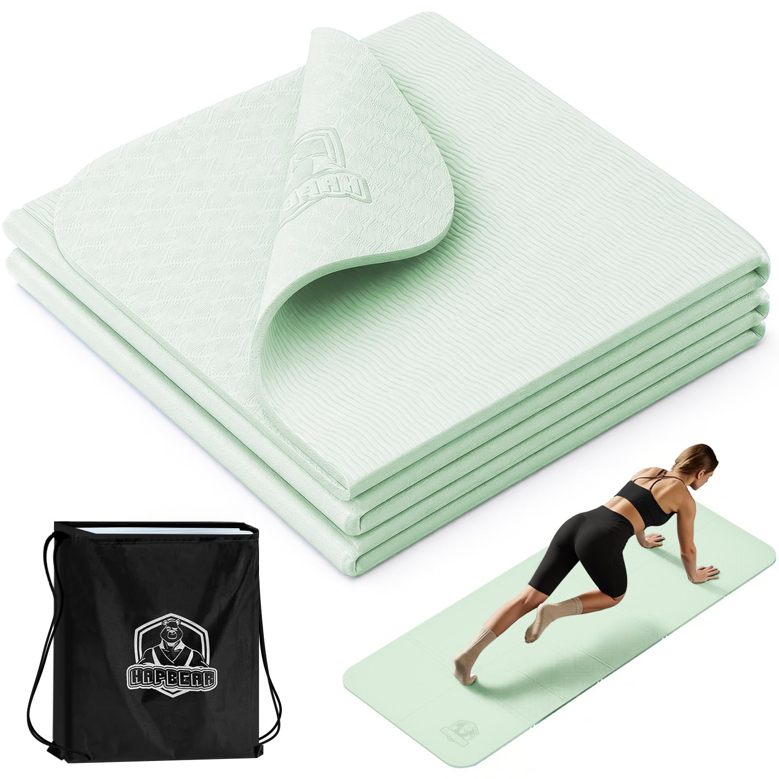 HAPBEAR Foldable Yoga Mat - 183×61cm×6mm, Non-Slip TPE Exercise Mat for Home Workout, Yoga, Pilates,Stretching, & Travel, Durable & Eco-Friendly, Includes Carry Bag